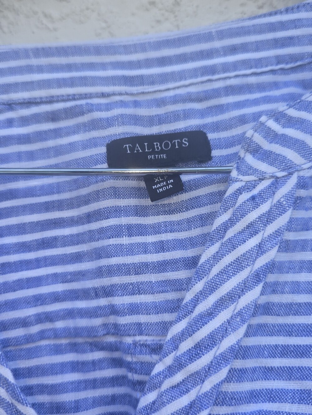 Talbots Blue White Striped 100% Linen Popover Blouse Top Roll Tab XLP - Picture 6 of 14